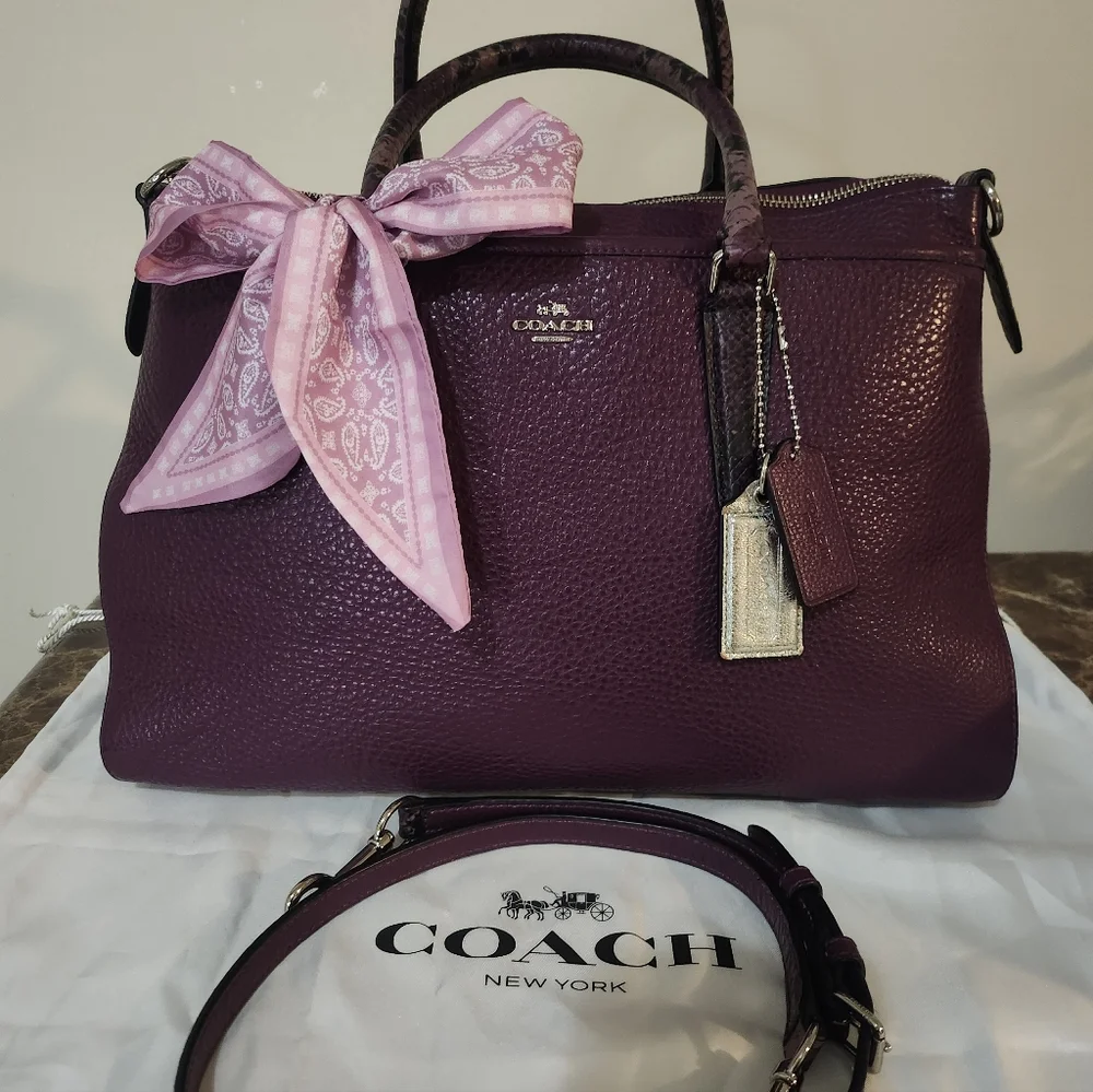 Coach Plum Pebbled Leather 2way Satchel W Scarf EUC - Picture 8 of 16